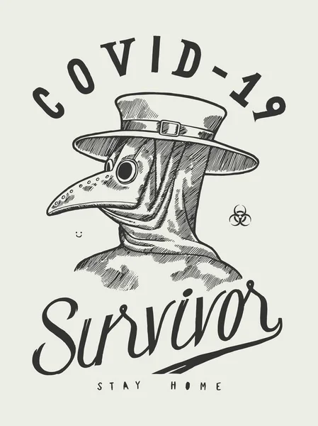 Covid 19幸存者T恤打印 带有中世纪斑纹医生插图的老式激发型打印T恤衫 — 图库矢量图片