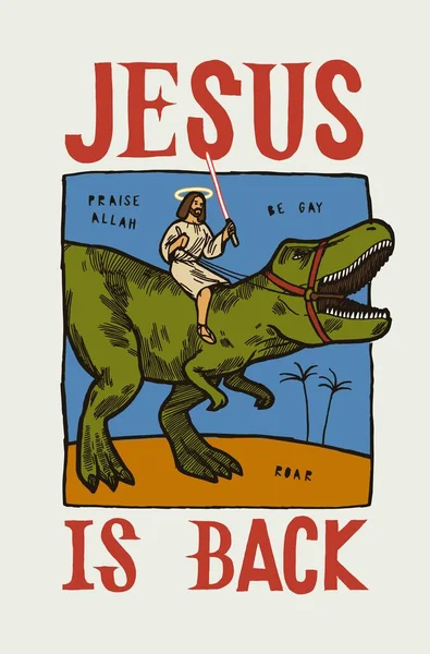 Ježíš Vrátil Rex Dinosaura Světelným Mečem Vtipný Otisk Tropického Trička — Stockový vektor