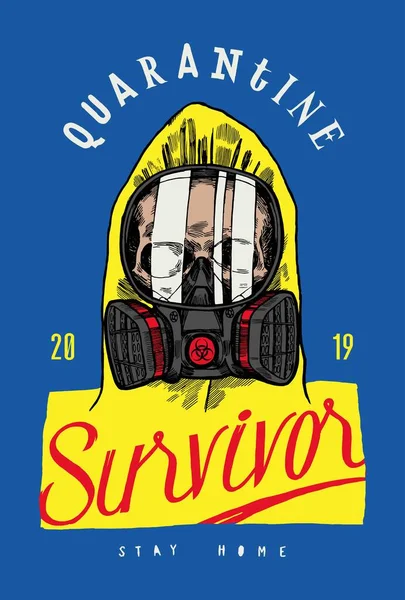 Camiseta Sobrevivente Quarentena Com Crânio Usando Máscara Gás Roupa Protetora — Vetor de Stock