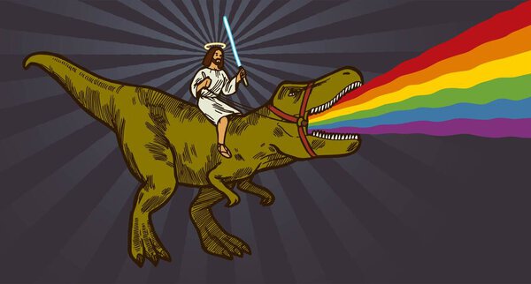 Jesus riding T-rex dinosaur holding light saber. T-rex is puking rainbow and roaring. Realistic funny isolated vector character illustration.