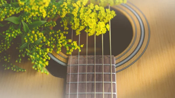 Morgon avkoppling och mysigt med små gula blommor på gitarr jag — Stockfoto