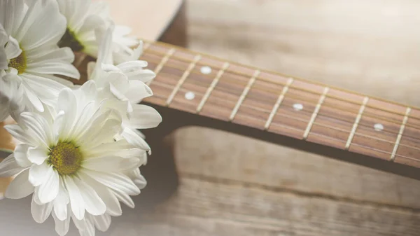 Sabah gevşeme ve beyaz papatya gitar ile rahat Rural için Telifsiz Stok Imajlar