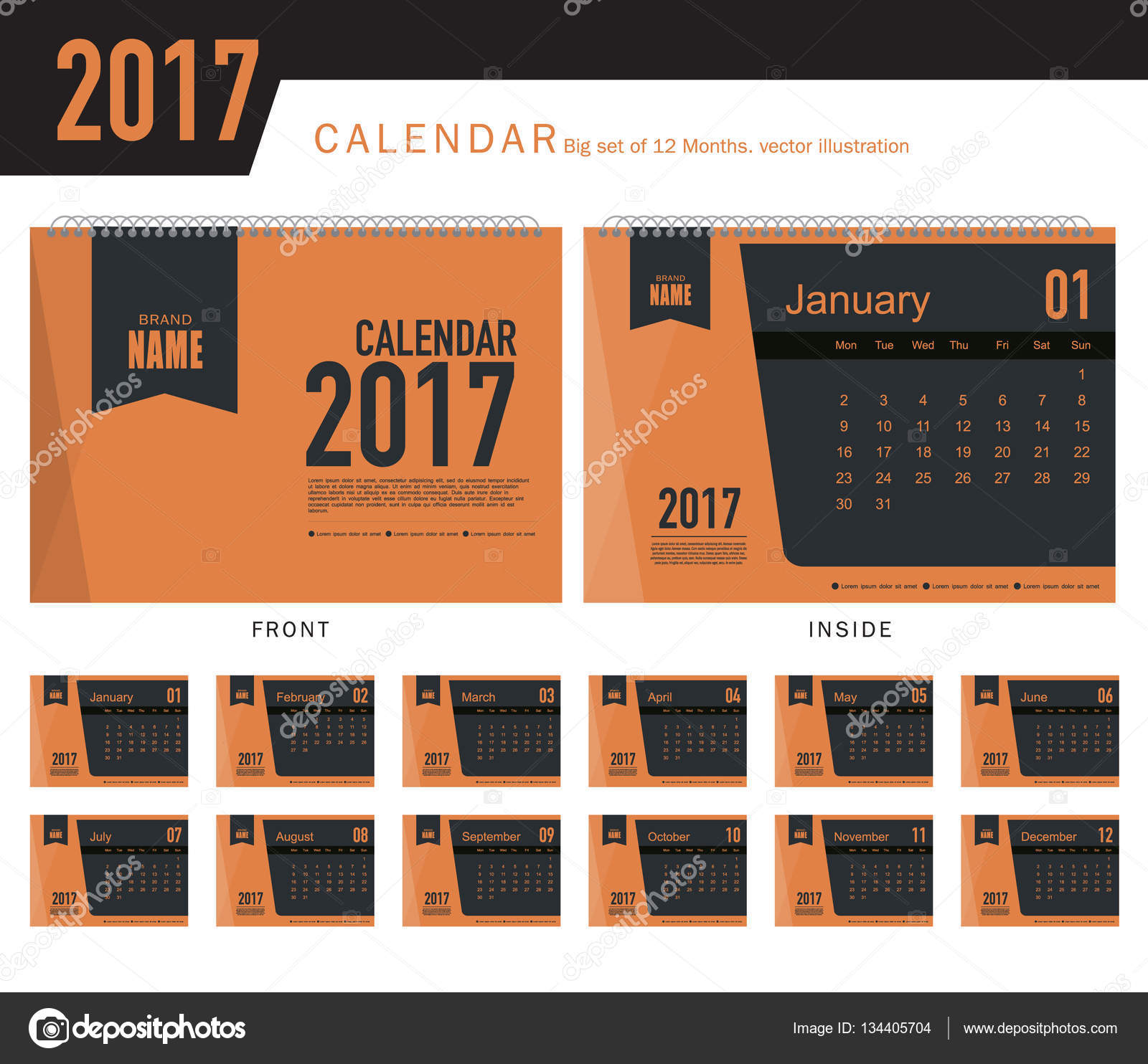Desk Calendar 2017 Vector Design Template Big Set Of 12 Months