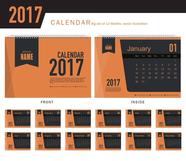 Bureau kalender 2017 Vector ontwerpsjabloon. Grote set van 12 maanden. Week begint maandag — Stockvector