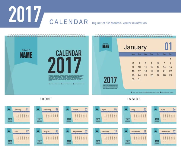 Bureau kalender 2017 Vector ontwerpsjabloon. Grote set van 12 maanden. Week begint maandag — Stockvector