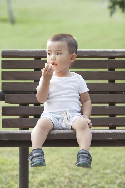 Милый китайский мальчик ест хлеб в парке — стоковое фото