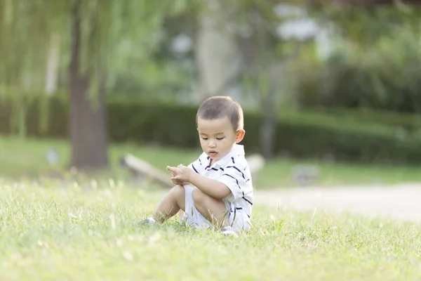 Happy Chinese baby boy playing on meadow — Stock Photo, Image
