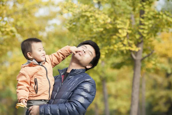 Mutlu gerçek baba ve oğul ginkgo ağaçları önünde oynarken