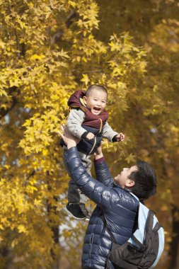 Mutlu gerçek baba ve oğul akçaağaç önünde oynarken