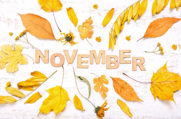 Das Wort "November" mit gelben Blättern auf weißem Holzrücken — Stockfoto