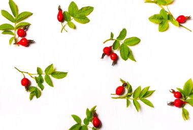  kompozisyon kırmızı çiçekler, çilek ve yeşil yaprakları. Düz yatıyordu.