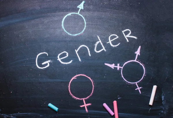 Parola Genere Simboli Uomo Donna Transgender Disegnato Gesso Una Lavagna — Foto Stock