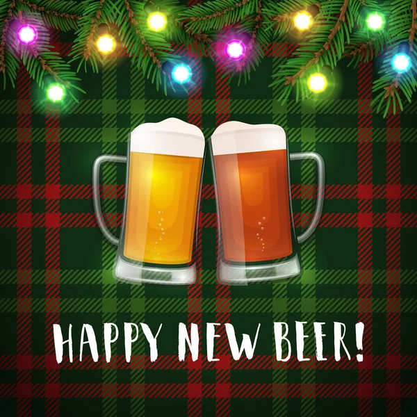 Feliz nueva pancarta de cerveza. Cartel de saludo con dos tazas de cerveza — Vector de stock
