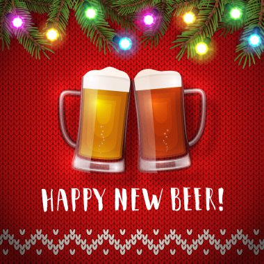Mutlu yeni bira bardağı poster Noel kazağı arka plan üzerinde
