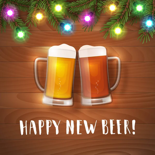 Feliz nuevo cartel tazas de cerveza — Vector de stock