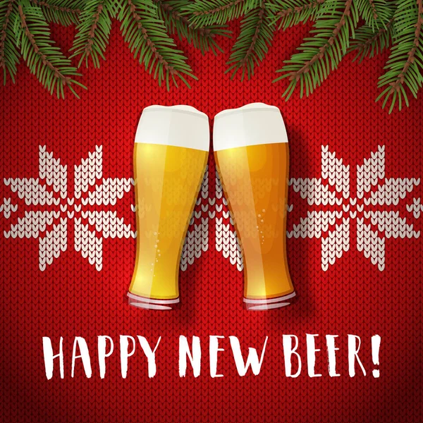 Cartel de vasos de cerveza nuevos felices en un fondo de jersey navideño — Vector de stock
