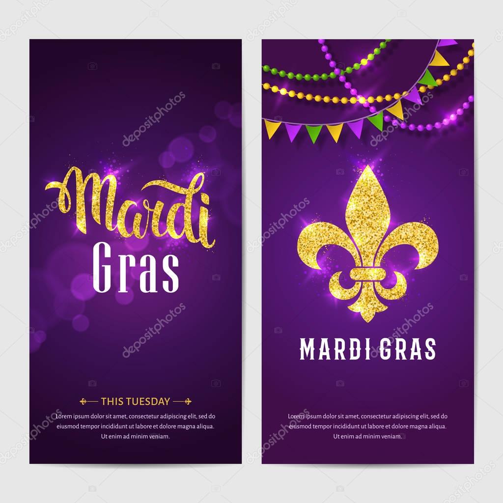 Mardi gras brochures. Vector logo with hand drawn lettering and golden fat tuesday symbols. Greeting card with shining beads on traditional colors background