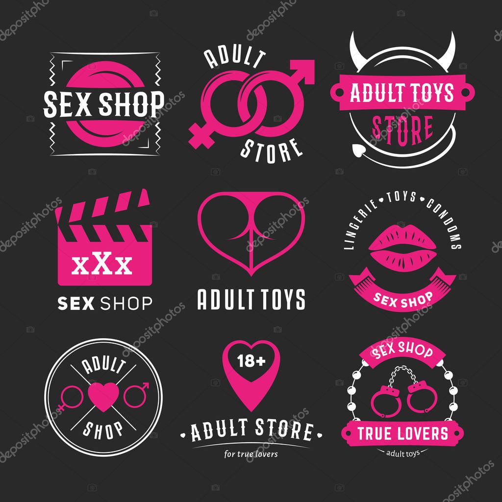 Adult sex shop logos. Erotic shop badges on a black background. Vector toys, symbols and accessories for lovers
