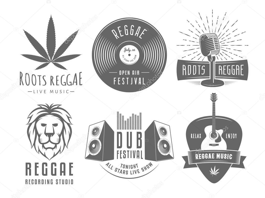 Reggae logos. Vector badges for reggae festival, radio station or rastafarian bar. Vintage music labels with marijuana leaf, vinyl disc, microphone, guitar, lion and speakers.