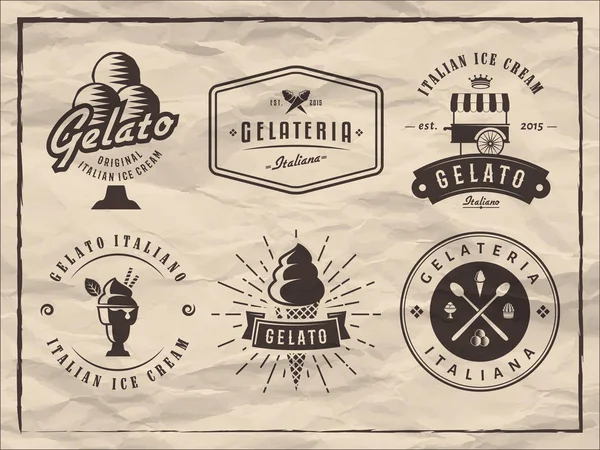 Ensemble d'insignes de gelato sur fond de papier vintage . — Image vectorielle