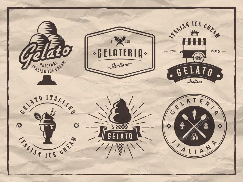 Set of gelato badges on vintage paper background. Vector italian ice cream labels. Retro logos for cafeteria or bar.