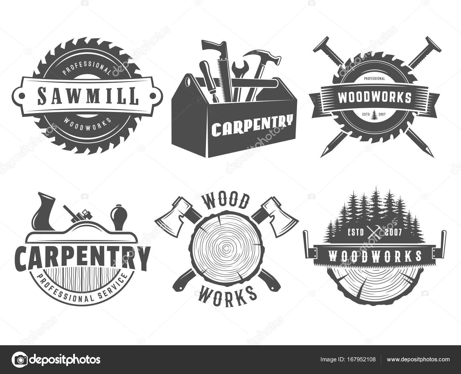 Woodwork Logos Vector Badges For Carpentry Sawmill Lumberjack Service Or Shop Set Of Vintage Labels With Hand Tools By NihilArt Woodwork Logos Vector Badges For Carpentry Sawmill Lumberjack Service Or Shop Set Of Vintage Labels With Hand Tools By NihilArt