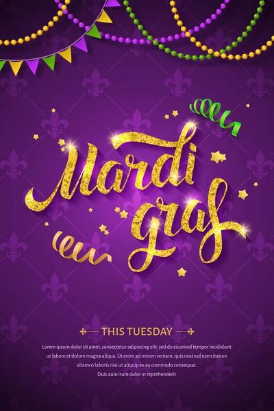 Mardi Gras Logo Met Gouden Handgeschreven Letters Kralen Linten Sterren — Stockvector