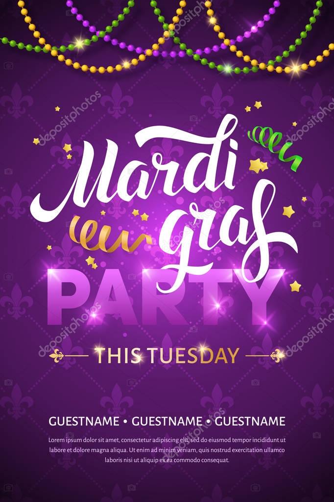 Mardi gras brochure. Vector logo with hand drawn lettering, ribbons and fat tuesday symbols. Greeting card with shining beads on traditional colors background