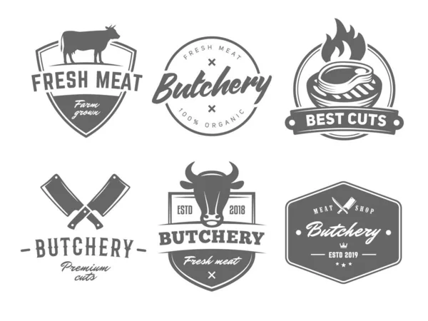 Insignias Vectoriales Carnicería Barbacoa Parrilla Carne Barbacoa Logotipos Carne Emblemas — Vector de stock