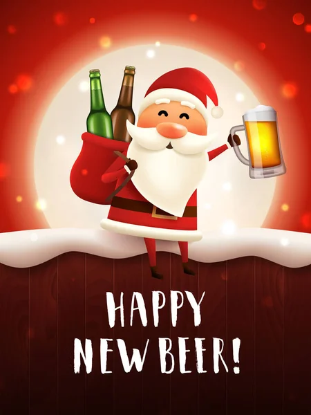 Yeni bira tebrik kartın kutlu olsun. Sarhoş Noel Baba 'nın bira bardağı ve bira şişeleriyle dolu bir çuval taşıdığı taşıyıcı posteri. Noel ay ışığı arka planı.
