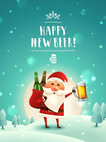 Cartel Letras Cerveza Santa Tarjeta Felicitación Navidad Con Santa Claus — Vector de stock