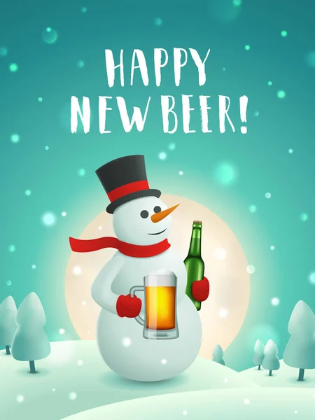 Muñeco Nieve Con Cartel Cerveza Año Nuevo Tarjeta Felicitación Vectorial — Vector de stock