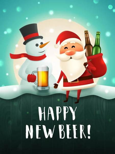 Papá Noel Muñeco Nieve Cartel Cerveza Para Fiesta Año Nuevo — Vector de stock
