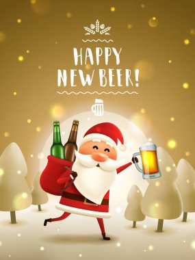 Bira ve yeni yıl tebrik kartıyla Noel Baba. Noel Baba bira kupası ve ay ışığında şişe dolu bir çuvalla koşuyor. Altın Noel Ormanı geçmişi. El yazısıyla yazılmış bir poster..  