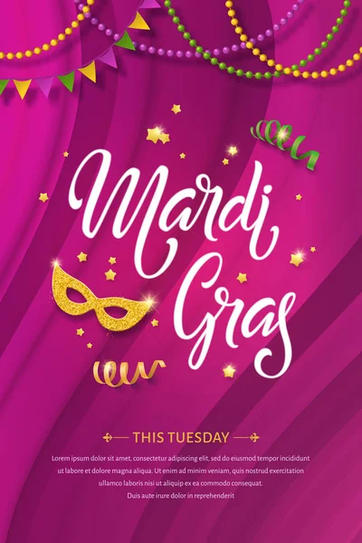 Mardi Gras Belettering Poster Vette Dinsdag Vector Handgeschreven Typografie Gouden — Stockvector