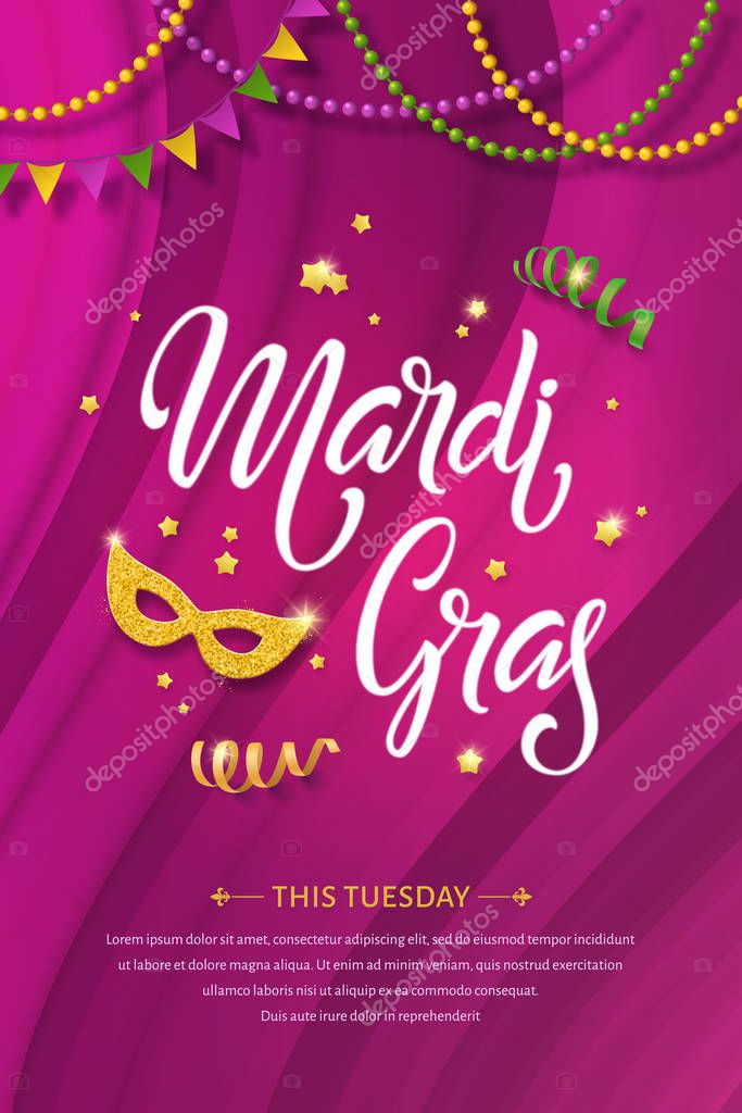 Mardi gras lettering poster. Fat tuesday vector handwritten typography, golden mask, beads and flags on the purple background.