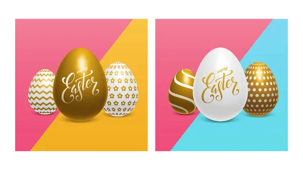 Huevos Pascua Con Letras Manuscritas Sobre Fondo Colores Brillantes Conjunto — Vector de stock