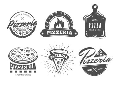 Pizzacı logoları. Pizza dolu ve dilimli vektör rozetleri. Lokanta, pizzacı, İtalyan lokantası etiketleri..