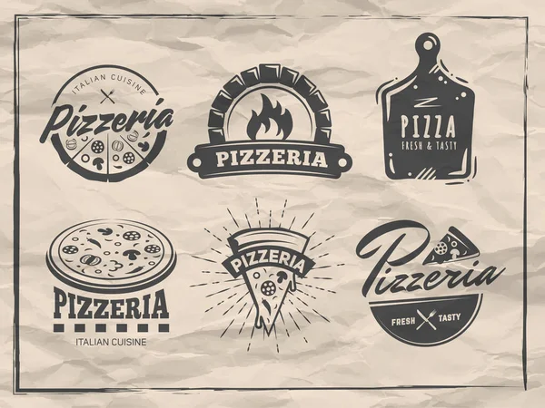 Placas Pizzería Conjunto Logotipos Pizza Con Pizzas Rebanadas Enteras Etiquetas — Vector de stock