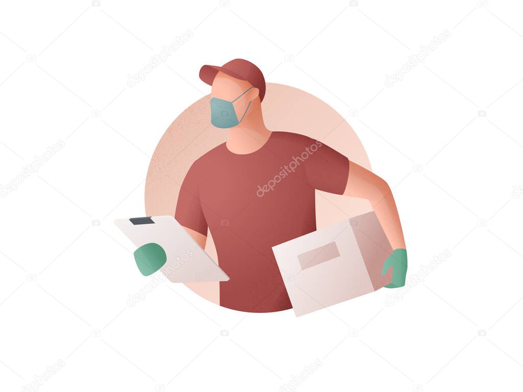 Delivery man in medical protective mask holding a box. Delivery service during the prevention of coronavirus. Safe shopping during the pandemic. Vector grain texture flat illustration