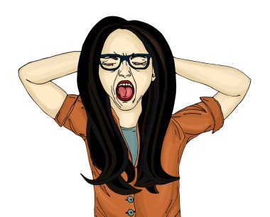 Yüksek sesle çığlık öfkeli kadın. Yaygın olarak ağzını aç. Saç akıntılar