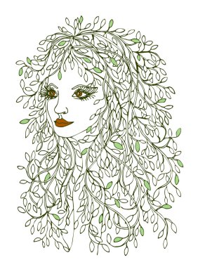 Ağaç dalları yeşil yaprakları ile güzel kızla saç. 