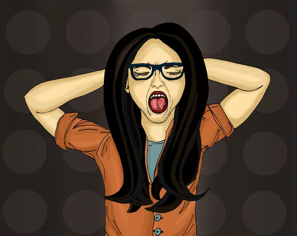 Yüksek sesle çığlık öfkeli kadın. Yaygın olarak ağzını aç. Saç akıntılar — Stok fotoğraf