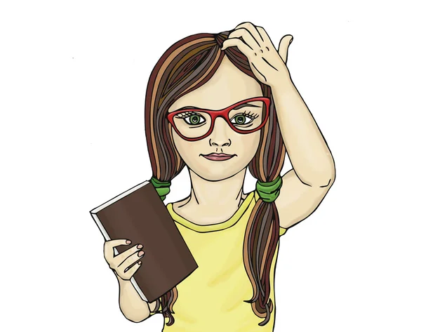 Liten flicka i glasögon vill skolan. Jag tänkte på boken. — Stockfoto