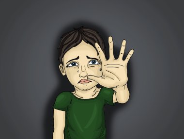 Ağlayan çocuk, el sinyalleri şiddet ve ağrı durdurmak. Portre