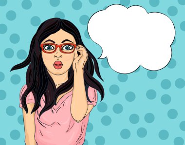 Sürpriz gözlüklü kız. Pop sanat tarzı. Vay canına. Güzel seksi 