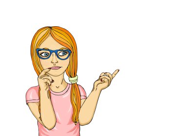 Young girl in glasses thought. Daydreaming and looking to the si clipart