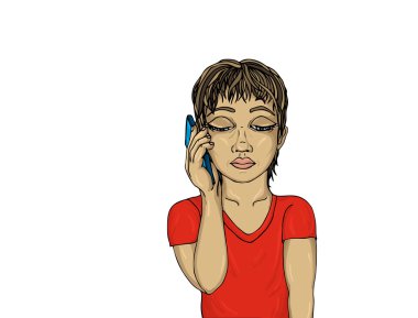 Telefonda konuşurken üzgün çocuk. Dinler ve aşağıya doğru görünüyor. Olduğunu