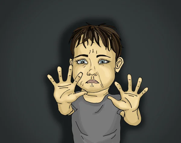 Rädd liten pojke försöker dölja att sätta händerna framåt. — Stockfoto