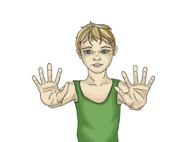 Positiv ung pojke visar hans händer. Han sträckte sina armar — Stockfoto